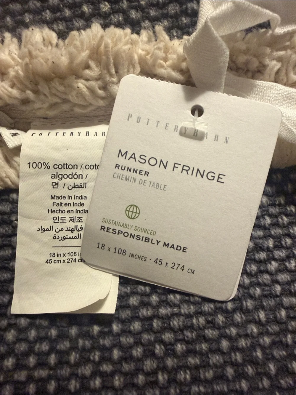 Pottery Barn Navy Blue w Cream Fringe Table Runner